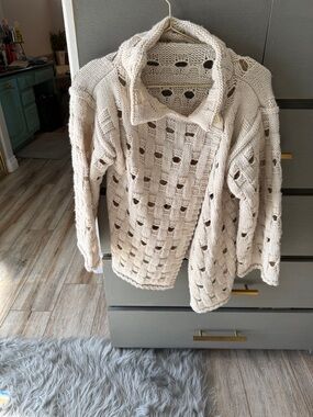 Open-Weave Cream Collared Cardigan Sweater